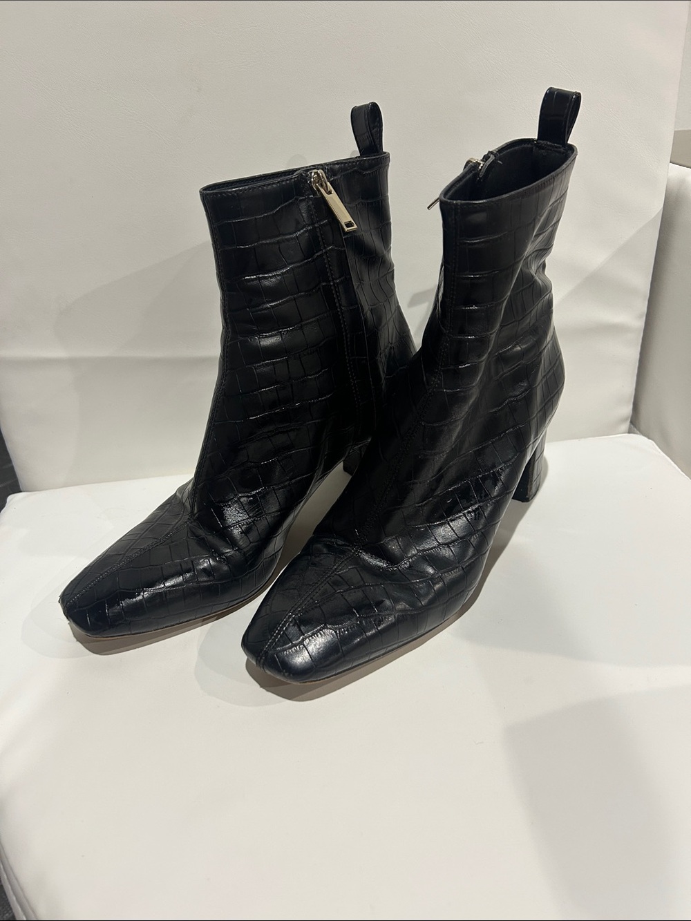 H&M Black Croc-Embossed Square-Toe Ankle Booties with Side Zip